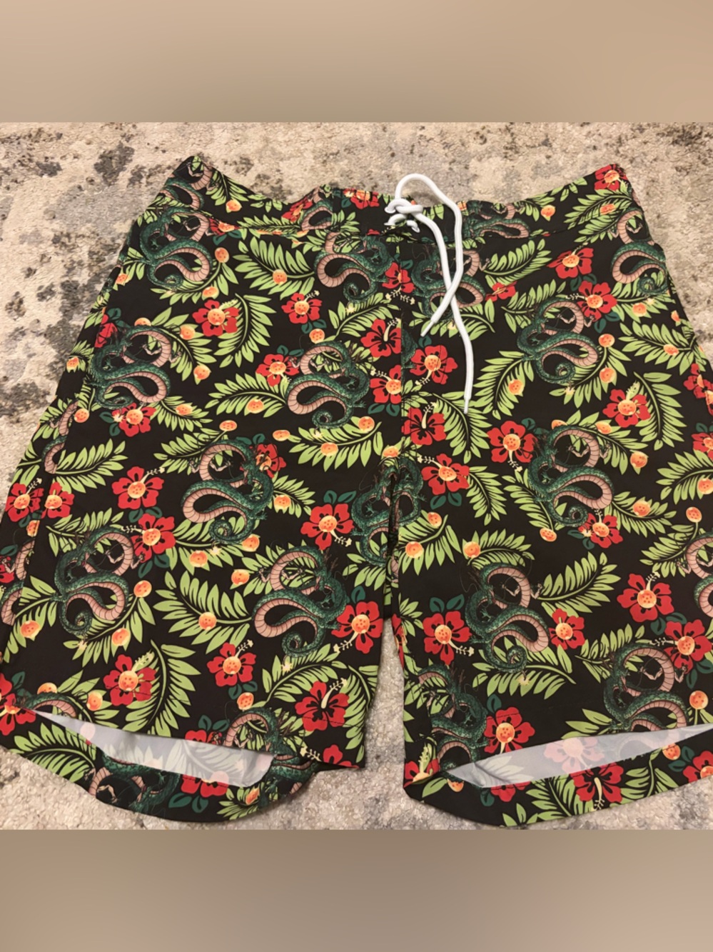 Men's Black Tropical Dragon Print Swim Trunks with Drawstring